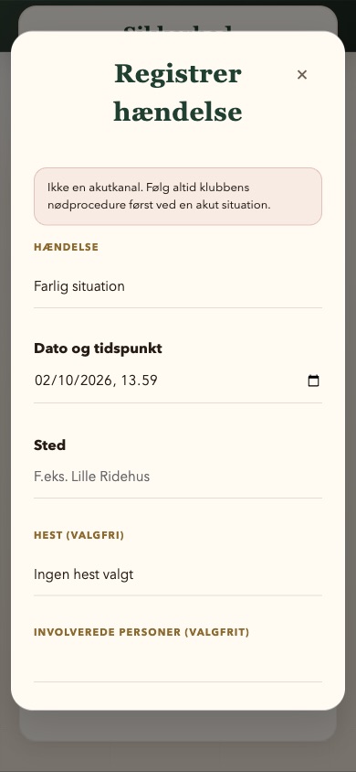 Corsilo: formularen Registrer hændelse med type, dato og tid, sted og hest